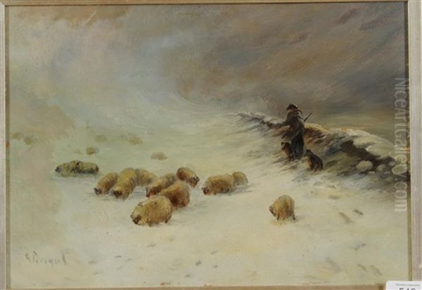 A Flock Of Sheep And Shepherd In Heavy Snow Oil Painting by Arthur Perigal the Younger