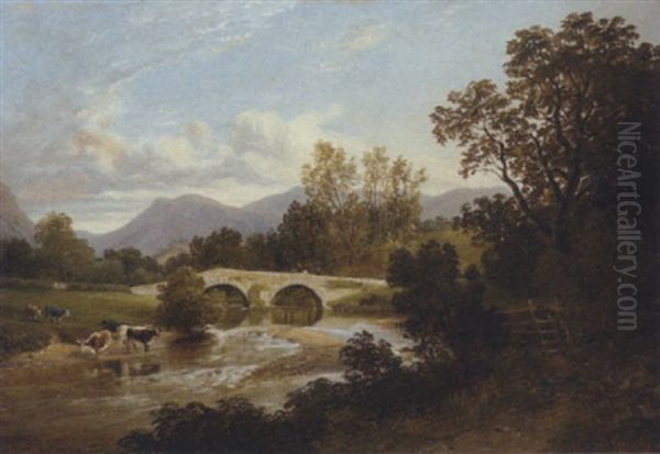 Cattle By A Bridge Oil Painting by Arthur Perigal the Younger