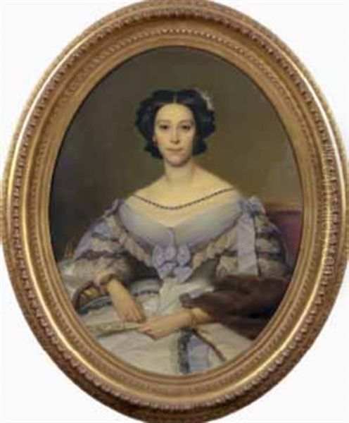 Portrait De Femme Assise, Un Eventail Dans Sa Main Gauche Oil Painting by Alexis Joseph Perignon