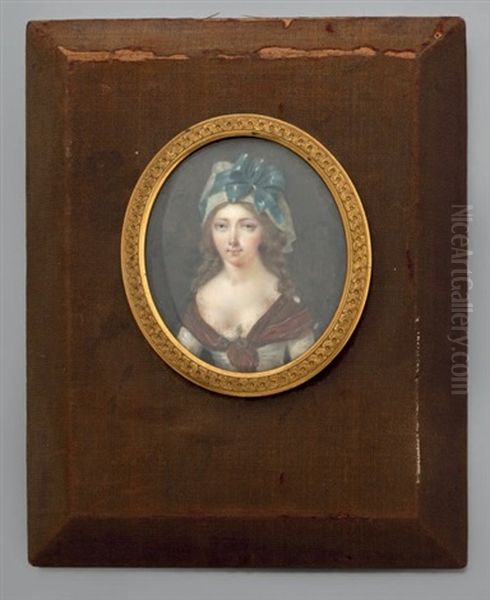 Portrait De Femme A La Coiffe Au Ruban Bleu Oil Painting by Lie-Louis Perin-Salbreux