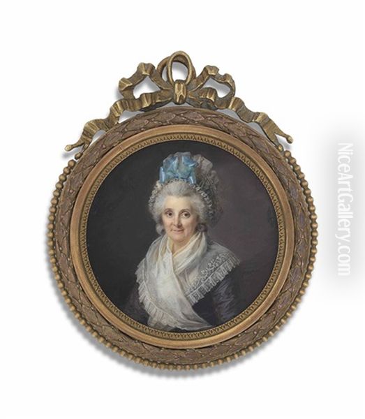 A Lady, In Aubergine Dress With White Gauze Fichu, Wearing A White Mob Cap Adorned With A Blue Bow Oil Painting by Lie-Louis Perin-Salbreux