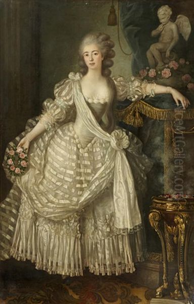 A Portrait Of A Lady In White, Full-length, Holding A Crown Of Roses In Her Right Hand, Her Left Arm Resting On An Altar To Love Oil Painting by Lie-Louis Perin-Salbreux