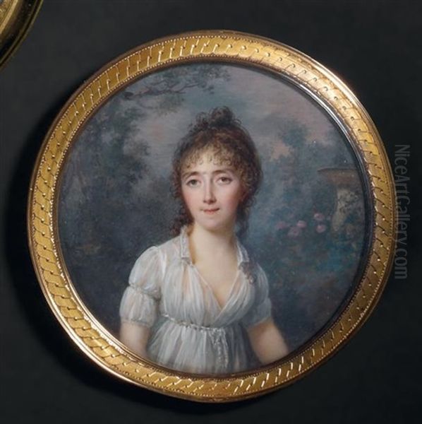 Portrait De Jeune Femme En Robe De Voile Blanc Decolletee, Vue Dans Un Jardin Fleuri Et Vase De Pierre Oil Painting by Lie-Louis Perin-Salbreux