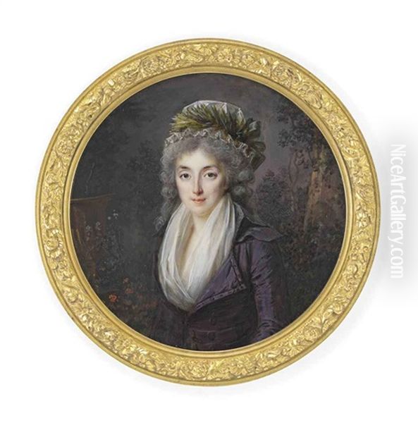 A Young Lady In A Landscape, In Mauve Double-breasted Coat, White Gauze Fichu, Wearing A White Cap Decorated With Green Plumes Oil Painting by Lie-Louis Perin-Salbreux