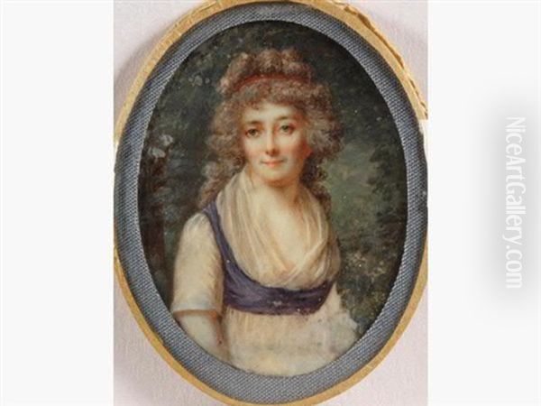 Miniature Ovale Figurant Une Jeune Femme En Robe De Soie Blanche Ceinturee De Bleu, Coiffee De Longs Cheveux Retombant En Boucles Attachees D'un Ruban Rouge Et Vue Dans Un Jardin Fleuri Oil Painting by Lie-Louis Perin-Salbreux