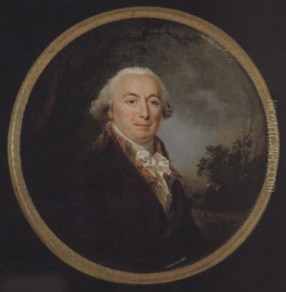 A Gentleman Seated In A Landscape, Wearing Brown Chalk-striped Coat, Blue Edged Orange Waistcoat With Floral Motif And White Cravat Oil Painting by Lie-Louis Perin-Salbreux