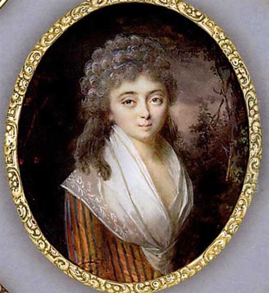 A Young Lady In A Forest, In Grey And Orange Striped Silk Dress With Embroidered Fichu Stole Caught At Corsage, Blue Ribbons In Her Long Powdered Curling Hair Oil Painting by Lie-Louis Perin-Salbreux