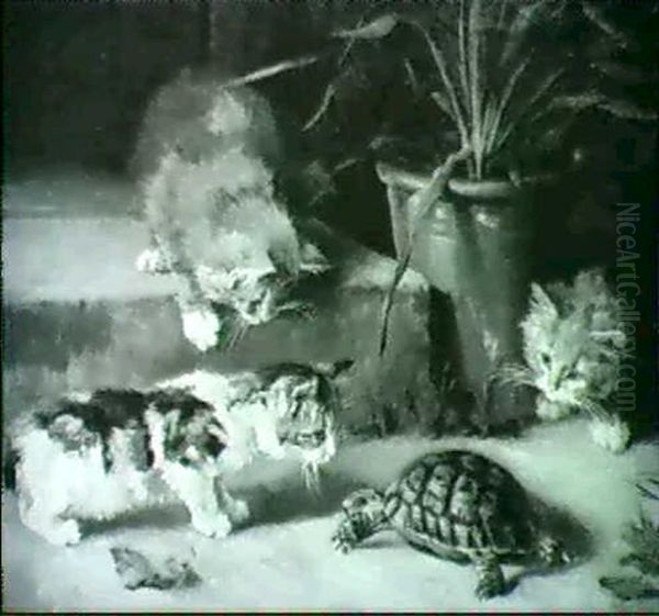 Kittens Playing With A Tortoise Oil Painting by Isabelle L. Perkin