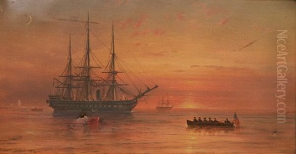 Ships At Sea At Sunrise Oil Painting by Granville Perkins