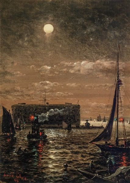 Moonlight Over New York Harbor Oil Painting by Granville Perkins