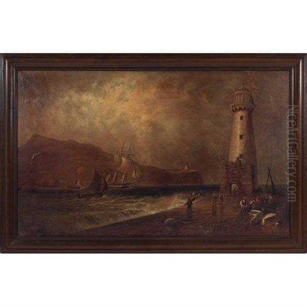 Fisherman And Lighthouse Oil Painting by Granville Perkins