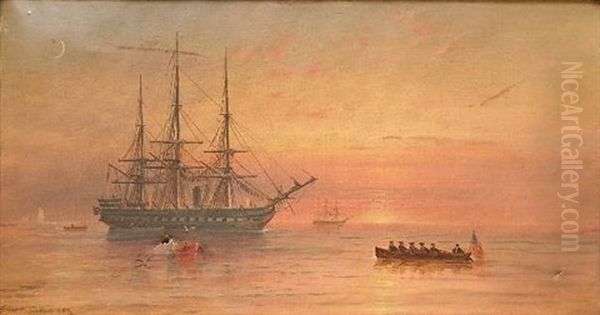 Ships At Sea At Sunrise Oil Painting by Granville Perkins