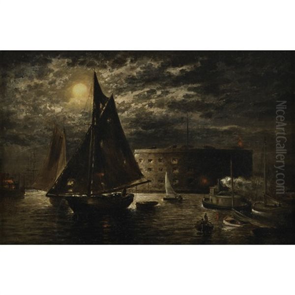 A New York Harbor Scene Oil Painting by Granville Perkins