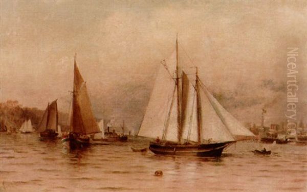 Fishing Boats And Other Shipping On The Hudson With A View Of New York And The Bluffs Oil Painting by Granville Perkins