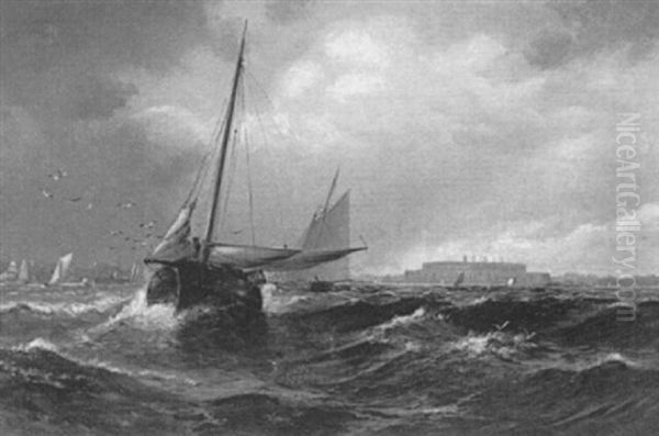 Ships On A Stormy Sea Oil Painting by Granville Perkins