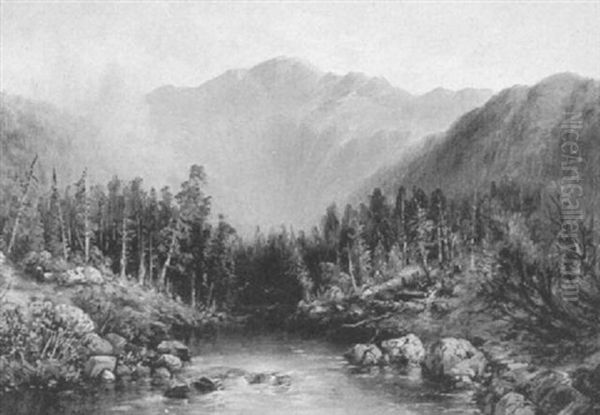 A Mountainous Stream And A Rowboat On A Lake Oil Painting by Granville Perkins