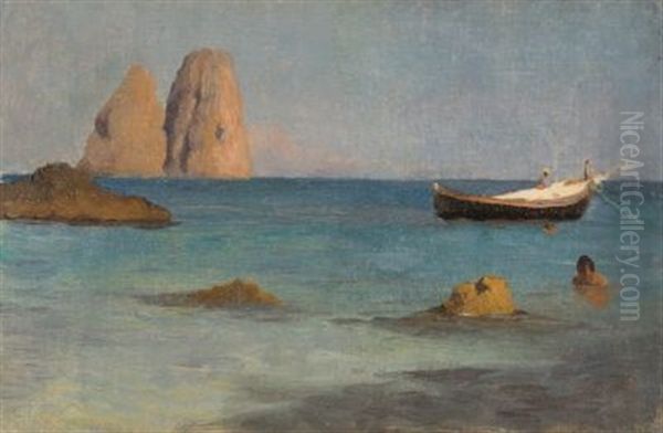 Blick Auf Die Faraglioni Felsen Bei Capri Oil Painting by Friedrich Perlberg