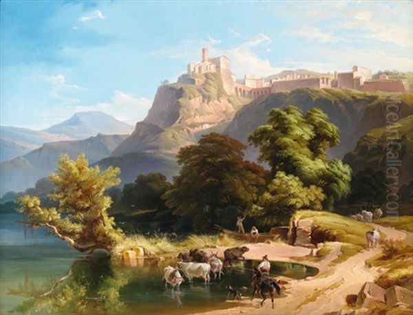 Italienische Landschaft Mit Hirten Am Seeufer Und Einem Stadtchen Auf Einer Anhohe Oil Painting by Georg (Christian Joh. G.) Perlberg