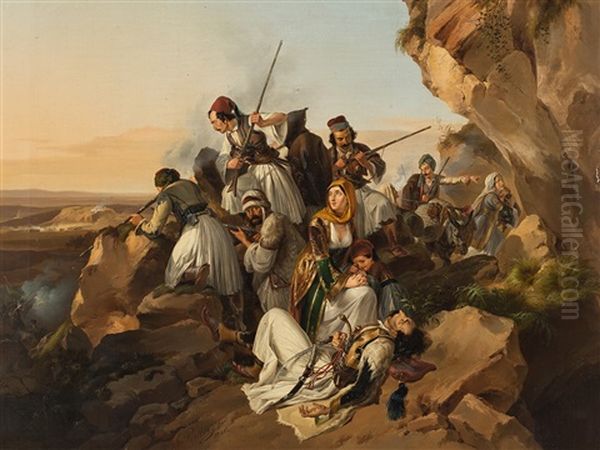 Greek Freedom Fighters Oil Painting by Georg (Christian Joh. G.) Perlberg