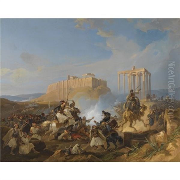 Battle Scene From The Greek War Of Independence Oil Painting by Georg (Christian Joh. G.) Perlberg