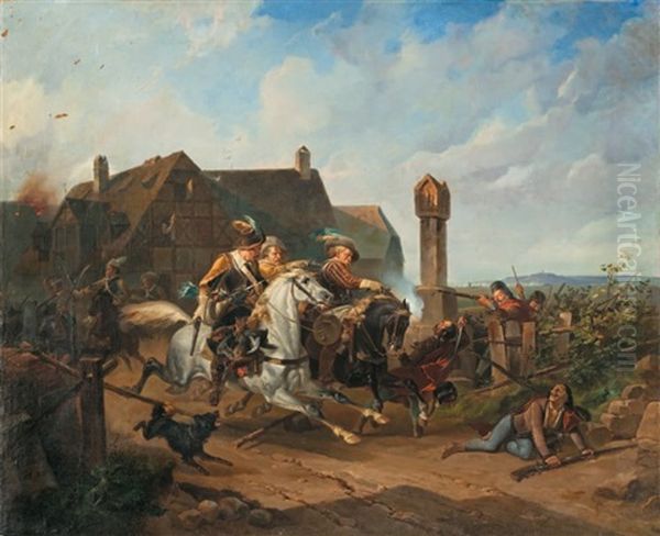 Traversee D'un Village Par Une Horde De Cavalier Oil Painting by Georg (Christian Joh. G.) Perlberg