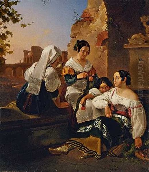 Italienische Madchen Beim Binden Von Blumengirlanden Oil Painting by Georg (Christian Joh. G.) Perlberg