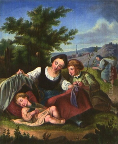 Schlafender Knabe Auf Einer Wiese, Von Einer Jungen Magd Und Einem Buben Betrachtet Oil Painting by Georg (Christian Joh. G.) Perlberg