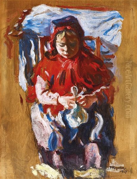 Girl With Doll Oil Painting by Izsak Perlmutter