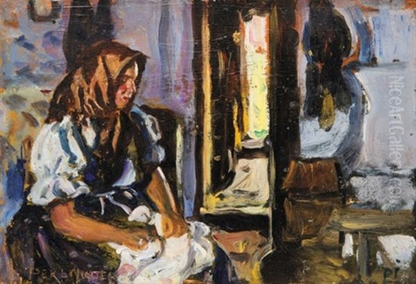 Embroidering Woman Oil Painting by Izsak Perlmutter