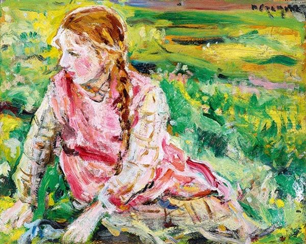 Girl On The Hill-side Oil Painting by Izsak Perlmutter