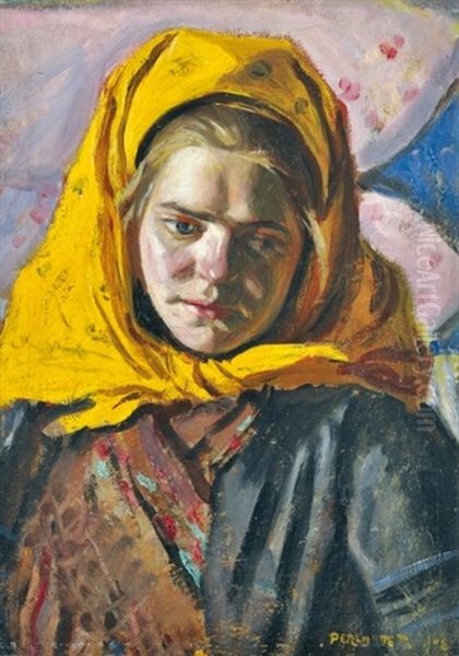 Girl In Yellow Shawl Oil Painting by Izsak Perlmutter