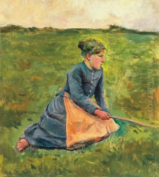 Leany A Reten - Girl In The Meadow Oil Painting by Izsak Perlmutter