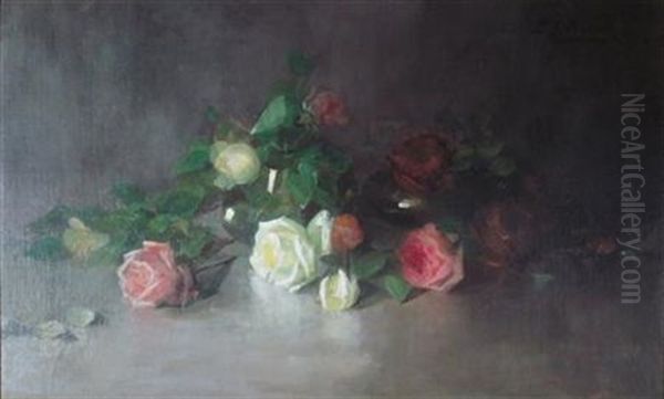 A Still Life Of Yellow And Red Roses Oil Painting by Louise Ellen Perman