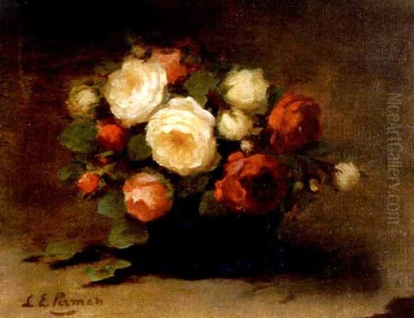 Red, White And Pink Roses In A Black Vase Oil Painting by Louise Ellen Perman