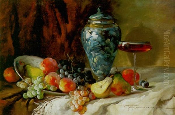 Fruchtestilleben Neben Weis-blauer Deckelvase Oil Painting by Louise Ellen Perman