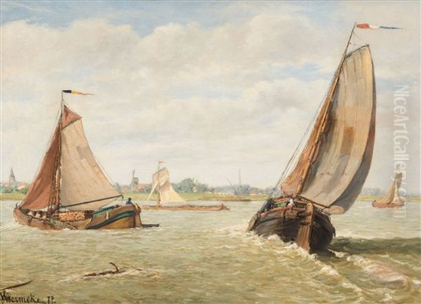 View Of The Scheldt With Cargo Ships (1877) Oil Painting by Henri Louis Permeke