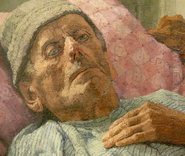 Alter Bauer In Seinem Bett, Neben Ihm Gebetsbuch U. Kreuz An Der Wand Oil Painting by Josefa Pernstich