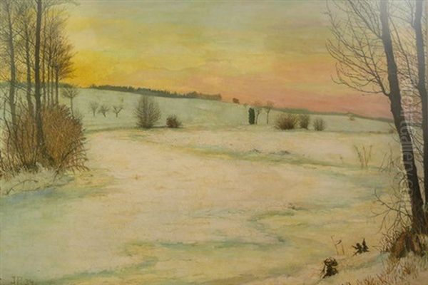 Grose Winterlandschaft Mit Zugefrorenem Flusslauf U. Kargen Baumen Oil Painting by Josefa Pernstich