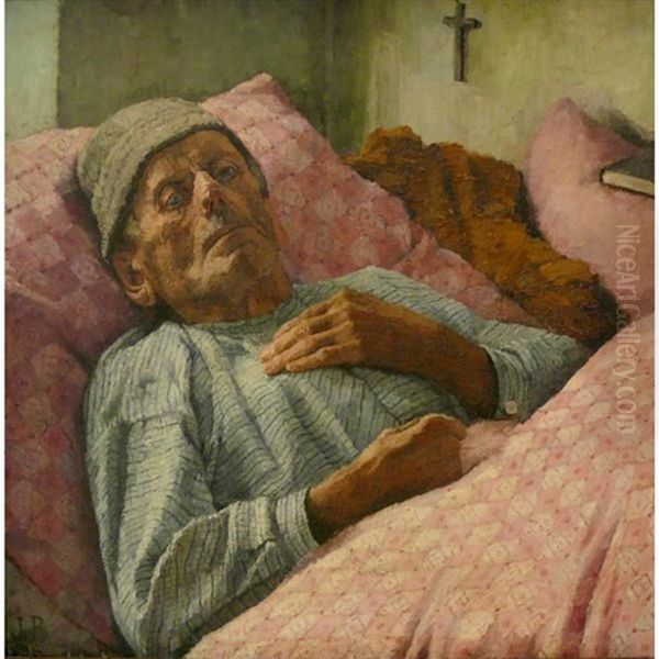 Alter Bauer In Seinem Bett, Neben Ihm Gebetsbuch U. Kreuz An Der Wand Oil Painting by Josefa Pernstich