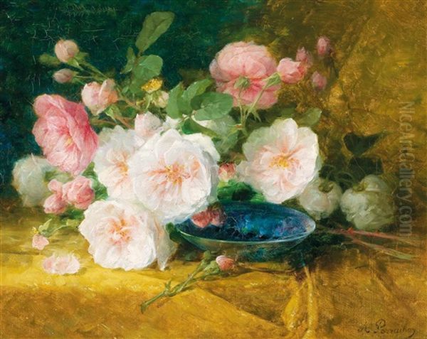 Still Life With Roses And A Blue Bowl Oil Painting by Andre Perrachon