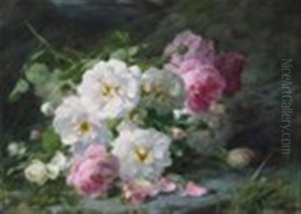 Still Life Of Roses On A Forest Floor Oil Painting by Andre Perrachon