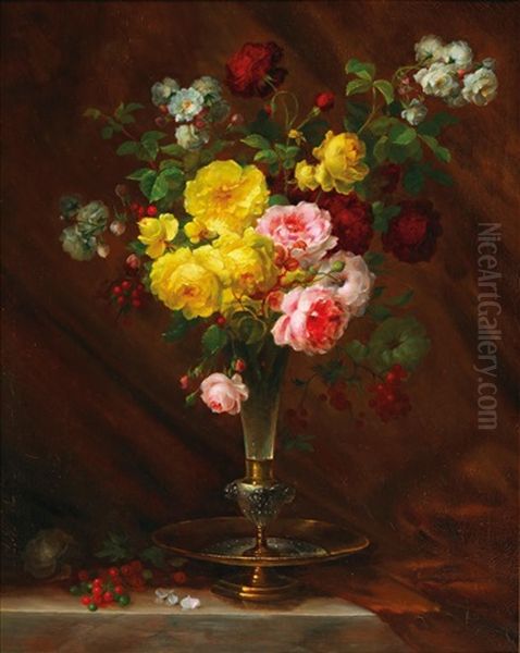 Large Flower Piece With Roses In A Vase Oil Painting by Andre Perrachon