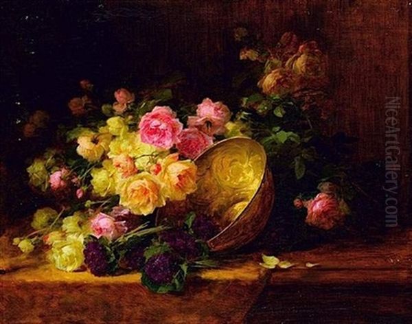 Nature Morte Aux Fleurs, Roses Et Bouquets De Violettes Oil Painting by Andre Perrachon