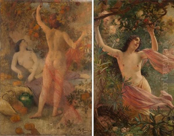 Reverie Parmi Les Fleurs; Jeune Femme Cueillant Des Fruits (2 Works) Oil Painting by Henry Paul Perrault