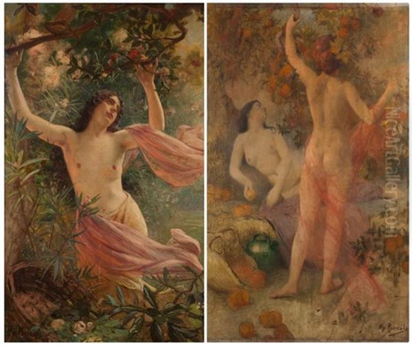 Reverie Parmi Les Fleurs, Jeune Femme Cueillant Des Fruits (2 Works) Oil Painting by Henry Paul Perrault