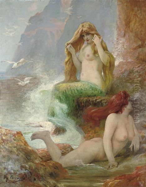 Mermaids At The Shore Oil Painting by Henry Paul Perrault