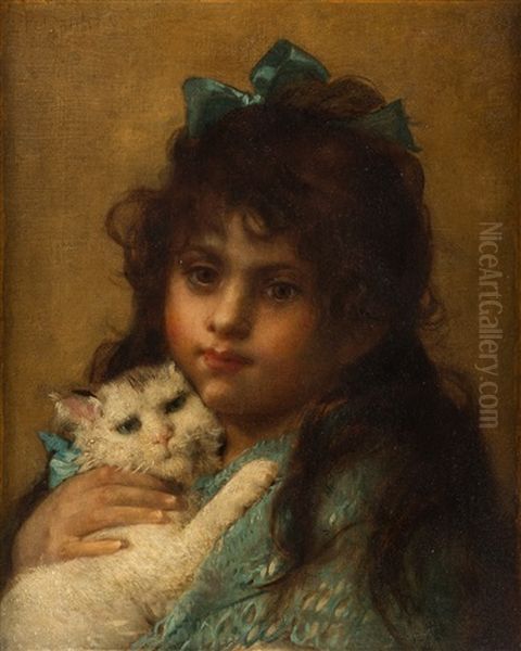 Girl With A Cat Oil Painting by Leon Jean Basile Perrault