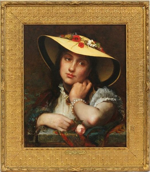 Girl Wearing Hat With Flowers Oil Painting by Leon Jean Basile Perrault