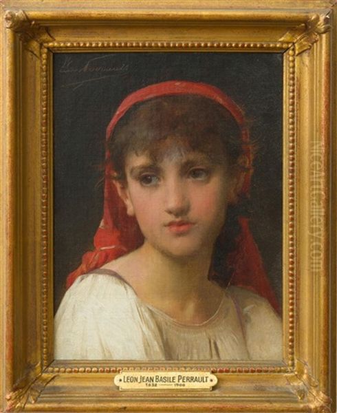 Portrait Of A Girl In A Red Headscarf Oil Painting by Leon Jean Basile Perrault