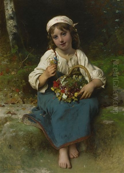 Young Girl With A Basket Of Flowers Oil Painting by Leon Jean Basile Perrault